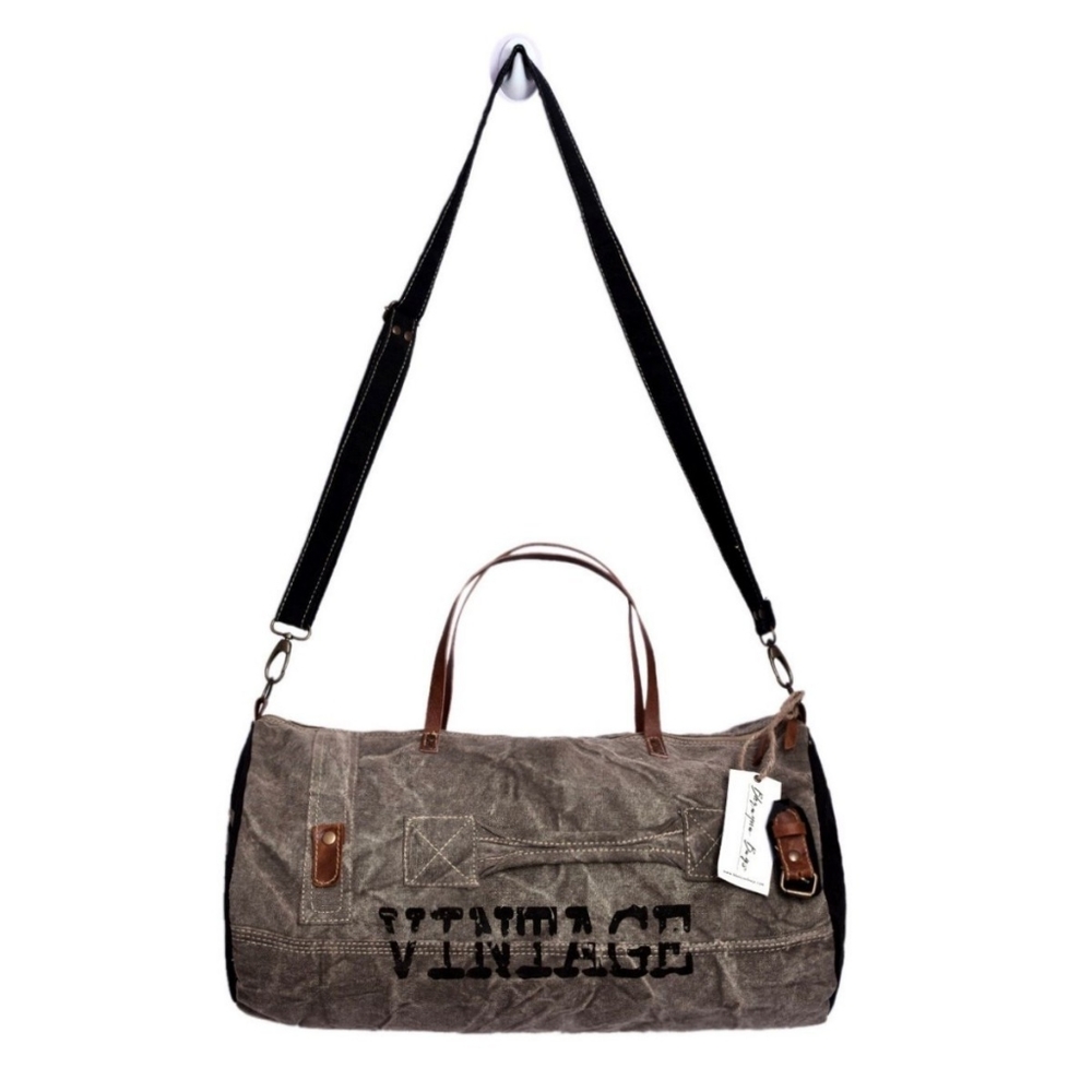 Vintage Canvas Duffel Bag with Leather Accents - Gray